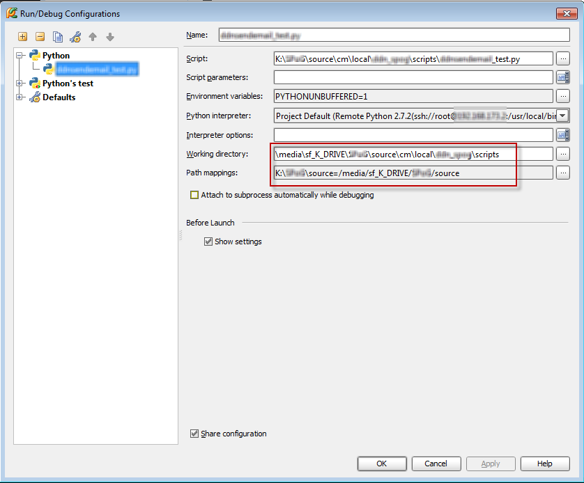 PyCharm - Run/Debug Configuration Screen